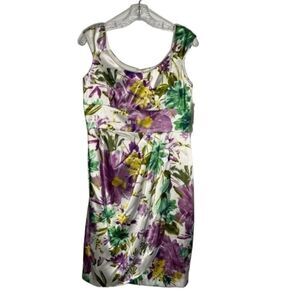 Vintage Maggy London White Purple Green Floral Sleeveless Knee Length Dress 12